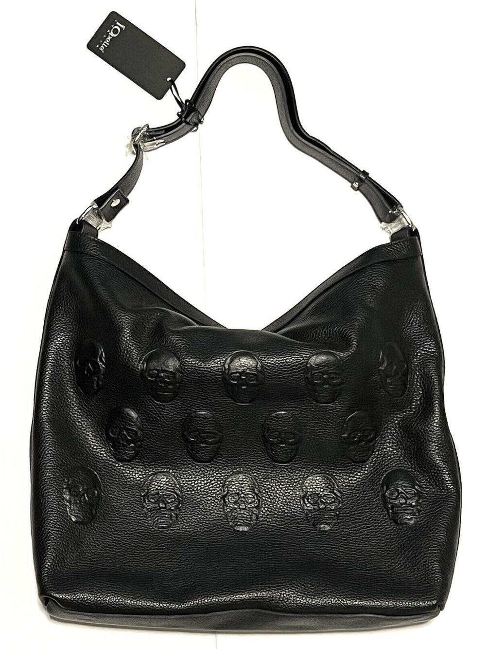 IO PELLE Italia Skull Hobo Shoulder Bag Crossbody Embossed Black Leather SLOUCHY